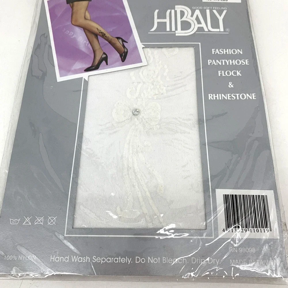 Vintage Hibaly Pantyhose White Flocked Bow & Rhinestone One Size 100-175lb Pinup